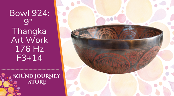 Bowl 924: 9" Thangka Art Work Himalayan Singing Bowl 176 Hz F3+14