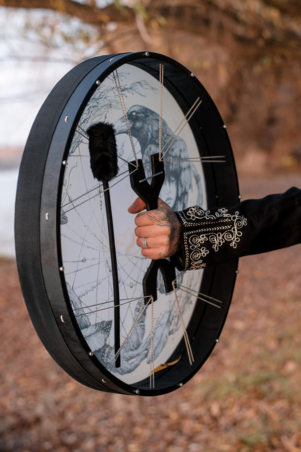 16", 18”, 20", 24”, 28”  Shaman's Raven with Woman Vegan Tunable Hand Drum