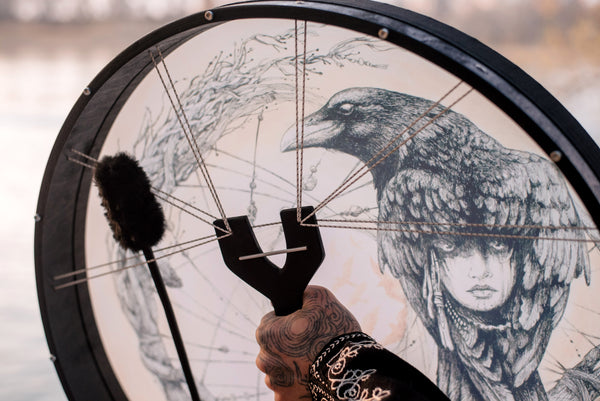 16", 18”, 20", 24”, 28”  Shaman's Raven with Woman Vegan Tunable Hand Drum