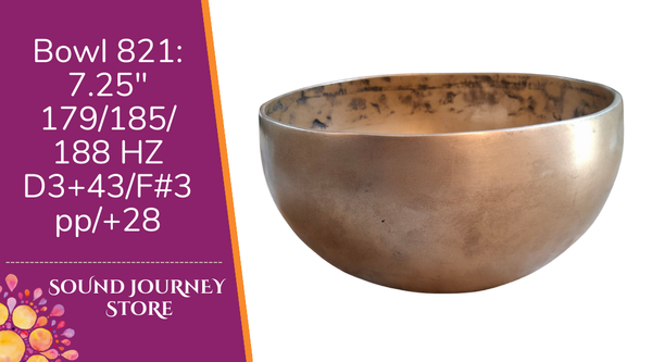 Bowl 821: 7.25" Vintage Himalayan Singing Bowl 179/185/188 HZ D3+43/F#3pp/+28