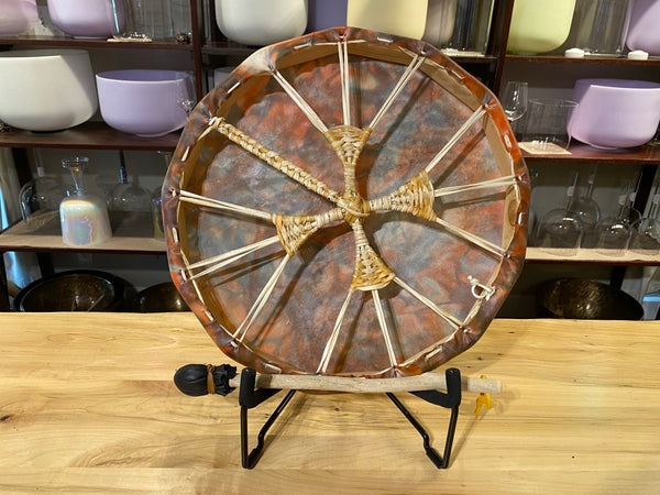 19" Red Purple Deer Skin Pine Frame 13 Moon Hand Drum